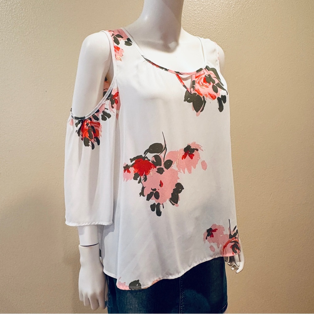 Candies White Sheer Pink Floral Cold Shoulder Blouse Womens XL Flowy Romantic